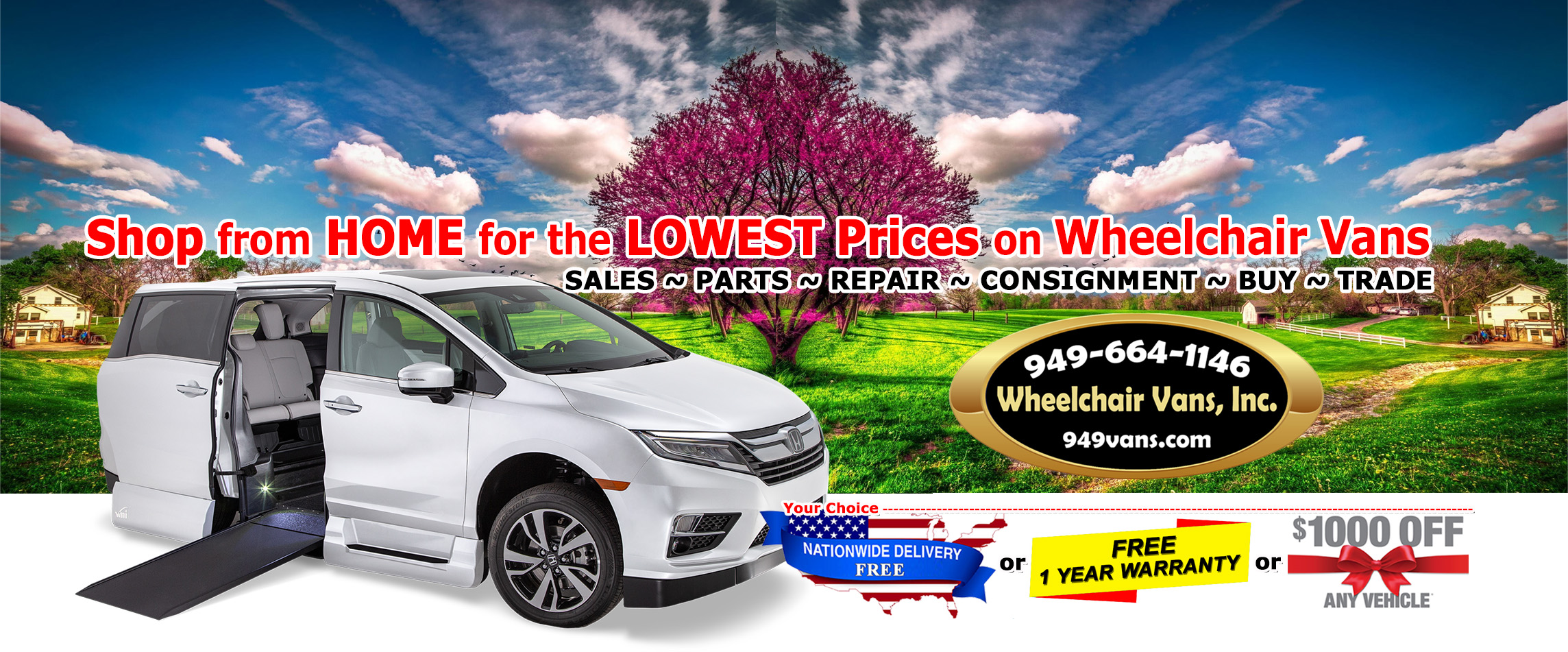 Spring 2023 Wheelchair Van Sale. Reduced Prices on Wheelchair Vans. Shop from HOME for the LOWEST Prices on Wheelchair Vans  FREE Nationwide Shipping or  FREE up to 3 year/36,000 mile Bumper to Bumper Warranty* or  $1,000 OFF all Wheelchair Vans in stock  ~ Online Video Demos ~ Apply Online Financing ~ No Salvage or Rebuilt Title Wheelchair Vans ~ No "Call for Price" game  ~ WVI Inspected : 240 Points ~ Sanitized & Delivered to Your Doorstep ~ We Will Beat ANY VMI or BraunAbility Wheelchair Van Dealer's Pricing.*  We SELL for LESS then the Factory Direct Stores, this is why we DARE you to compare ! Show us any genuine competitors* price we will beat it - its that easy.  !!  We all of our wheelchair vans are inspected, refurbished, detailed and sanitized prior to delivery. The only thing you will need is your first oil change in the future.  We Specialize in: SALES, REPAIRS, PARTS, CONSIGNMENT, BUY & TRADE  Why buy from us? - There are NO BOGUS Fees. NO NMEDA fee, NO QAP fee, NO BraunAbility fee nor do we follow the VMI MAP (Minimum Advertised Price) policy. (Please call 949-664-1146 for details)  We don't play the "CALL FOR PRICE" game where the prices of the vans changes with every customer or salesperson, especially when you are a VA, Regional Center, or another type Grant recipient. (Please call 949-664-1146 for details)  We offer Wholesale Pricing to the Public on Wheelchair Vans. Whether you're looking for a side entry wheelchair van or a rear entry handicap accessible van chances are you'll find the right wheelchair van here at www.949vans.com at the BEST PRICES. We SELL for LESS than the Factory Direct Stores.  RELAX ! ... LET US Do the Shopping - Try our Wheelchair Van Finder - Tell us what you are looking for. We will shop the competition for you. We will present your dream wheelchair with their prices along with ours side by side. We will provide you up to 3 comparable vehicles at the competitor locations.  for more info visit: http://www.949vans.com/wheelchair-accessible-van-finder-service.aspx  Buy with Confidence: We DO NOT SELL Wheelchair Accessible Vehicles that have a SALVAGE or REBUILT TITLE. Thinking of buying a Salvaged or Rebuilt Title Wheelchair Van ? for more info visit: http://www.949vans.com/thinking-of-buying-a-salvaged-or-rebuilt-title-wheelchair-van.aspx  Do you have a TRADE IN VEHICLE ? - Not a problem, We accept almost ANYTHING for TRADE IN.  We BUY Wheelchair Vans - Sell us your Wheelchair Van. It's a free, no obligation and quick process that will ensure you getting top dollar for your wheelchair van. It's as easy as 1, 2, 3! ... for more info visit: http://www.949vans.com/we-buy-wheelchair-vans.aspx  Need the Maximum Amount of Money for your Wheelchair Van ? - We can HELP SELL your wheelchair van through our Wheelchair Van Consignment Program. for more info visit: http://www.949vans.com/wheelchairaccessible-vehicle-consignment-program-california.aspx  prices are plus government fees and taxes, financing charges, any dealer document processing charge, shipping, and any emissions test. Customer must qualify for all manufacture's rebates  *APR = Annual Percentage Rate. Annual percentage rates (APR) listed are "as low as" based on credit score and term, and are subject to approval.  #949vans #forsale #used #affordable #wheelchairvans #van  #toyota #sienna #hybrid #honda #odyssey #chrysler #pacifica #voyager #dodge #grand #caravan  #transporation  #invacare #commerical  #mobility #goldentech #ramp #wheelchair #wheelchairlife #braunability #permobil  #nemt #pridemobility #handicap #2023 #happy #newyear